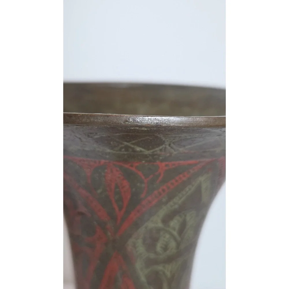 Vintage Brass Etched & Hand Painted Trumpet Styled Vase Made in‎ India